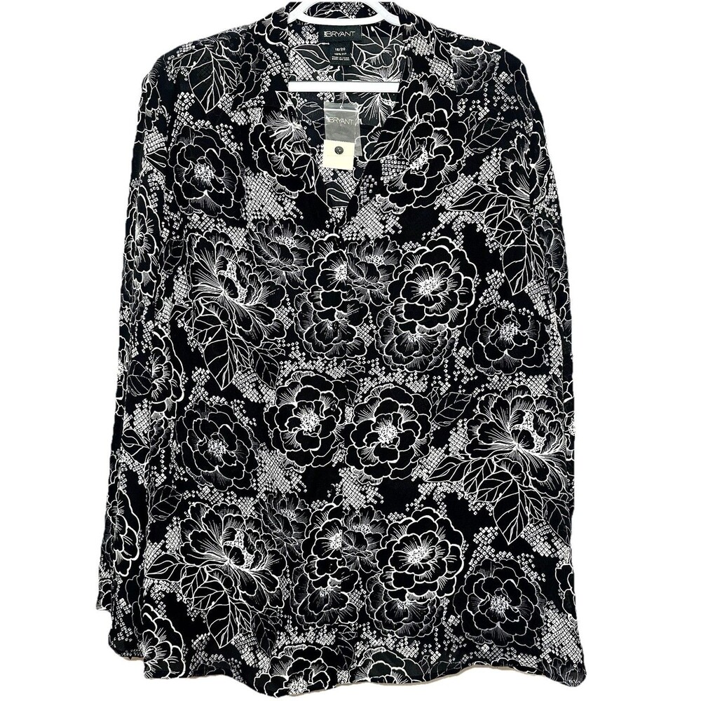 Lane Bryant 100% Silk Floral Blouse Black White Plus 18/20 Long Sleeve